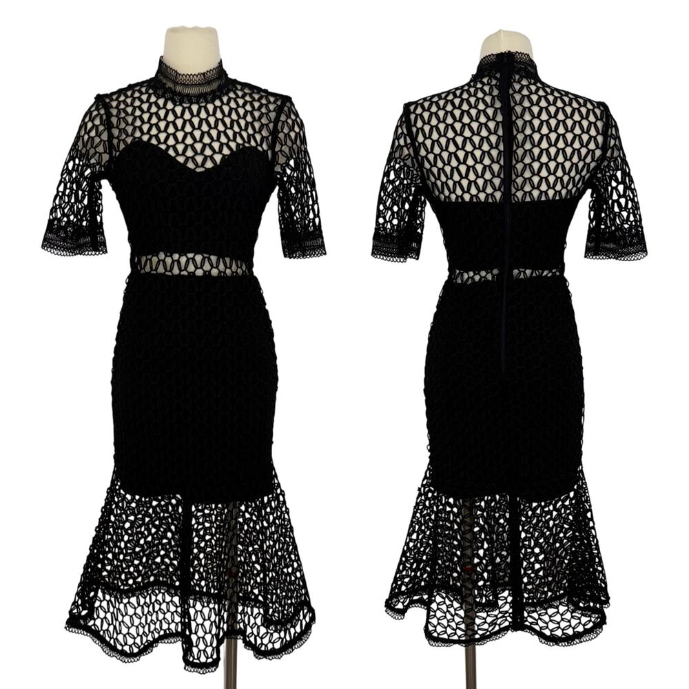 BARDOT Fiona Mesh Short Sleeve Trumpet Midi Dress in Black US 4/XS NWT